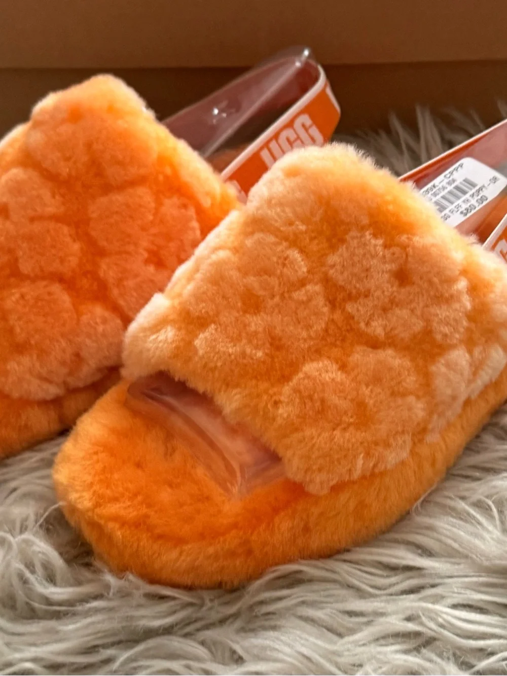 UGG Orange Plush Shearling Slide Sandals with Branded Strap